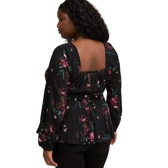 NWT Torrid Rayon Slub Waist Detail Blouson Sleeve Top Black Floral Size 4X - Picture 4 of 7